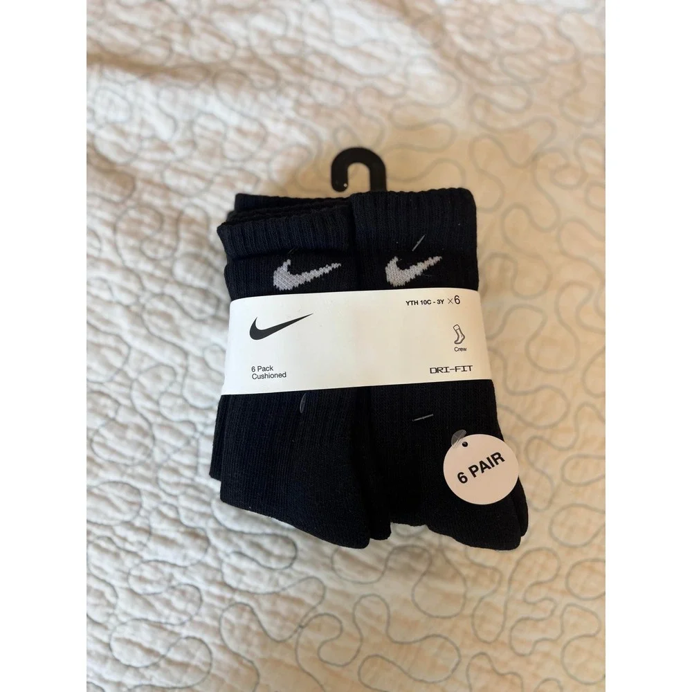 Nike Kids Dri-FIT Cushioned Crew Socks 6 Pack Black Youth Size 10C-3Y
